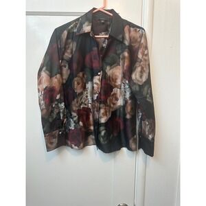 Halogen Womens PM Petite Moody Dark Floral‎ Rose Print Satin Button Down Blouse